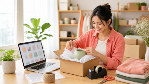A new online seller packing their first marketplace order in a bright home studio