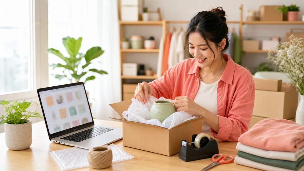 A new online seller packing their first marketplace order in a bright home studio