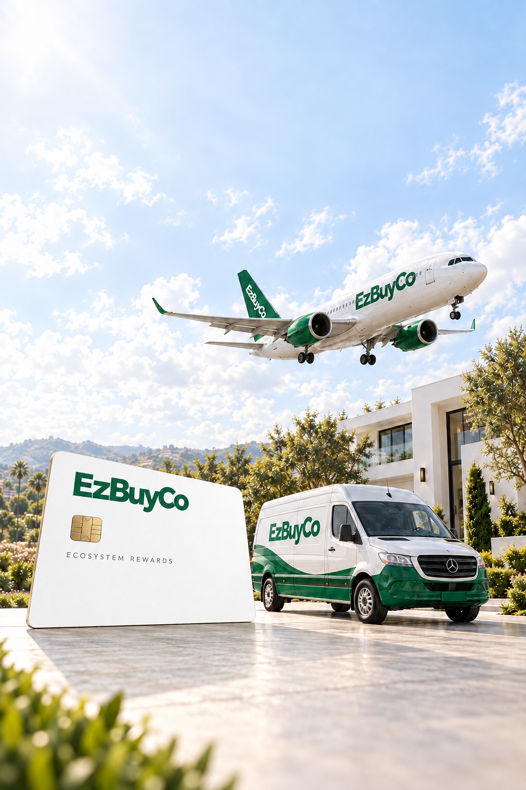 EzBuyCo rewards card and delivery van with a plane overhead