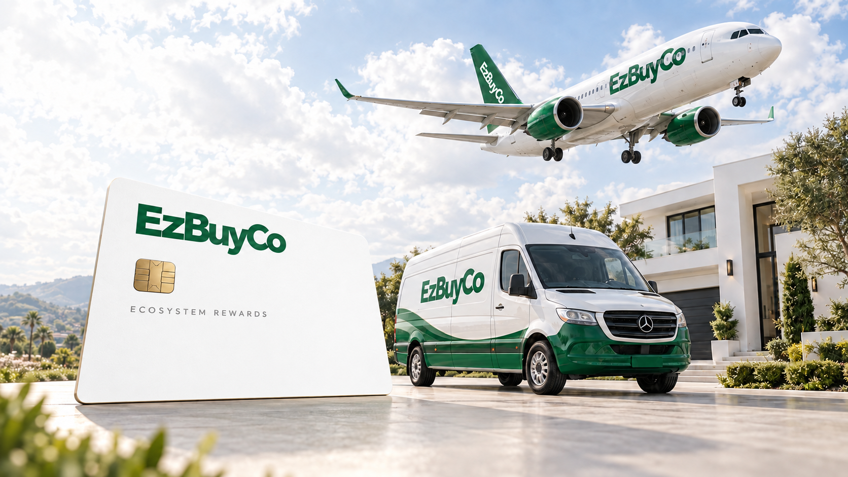 A white EzBuyCo rewards card and delivery van together on a driveway, with an EzBuyCo plane flying over the house
